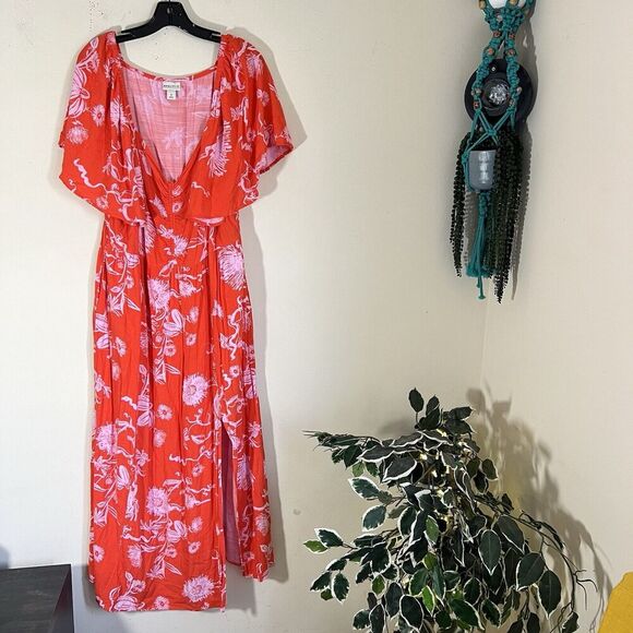 Ava Viv Maxi Long Dress Size 1X Orange Floral Front Slit Peasant Sweetheart Neck - Picture 6 of 6